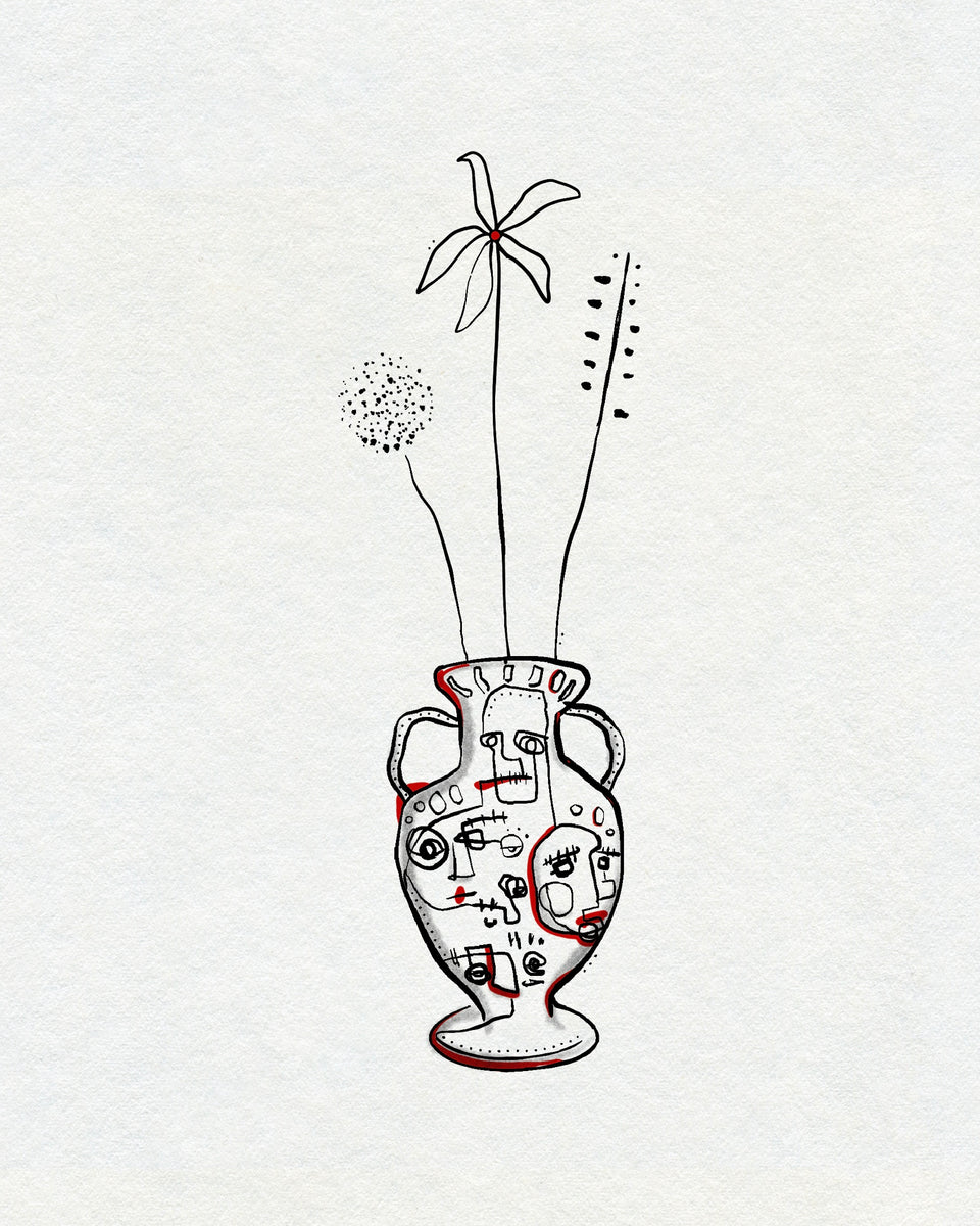 A bold linework drawing of a vase with abstract faces on it and plants and flowers in it. In black and red ink. 