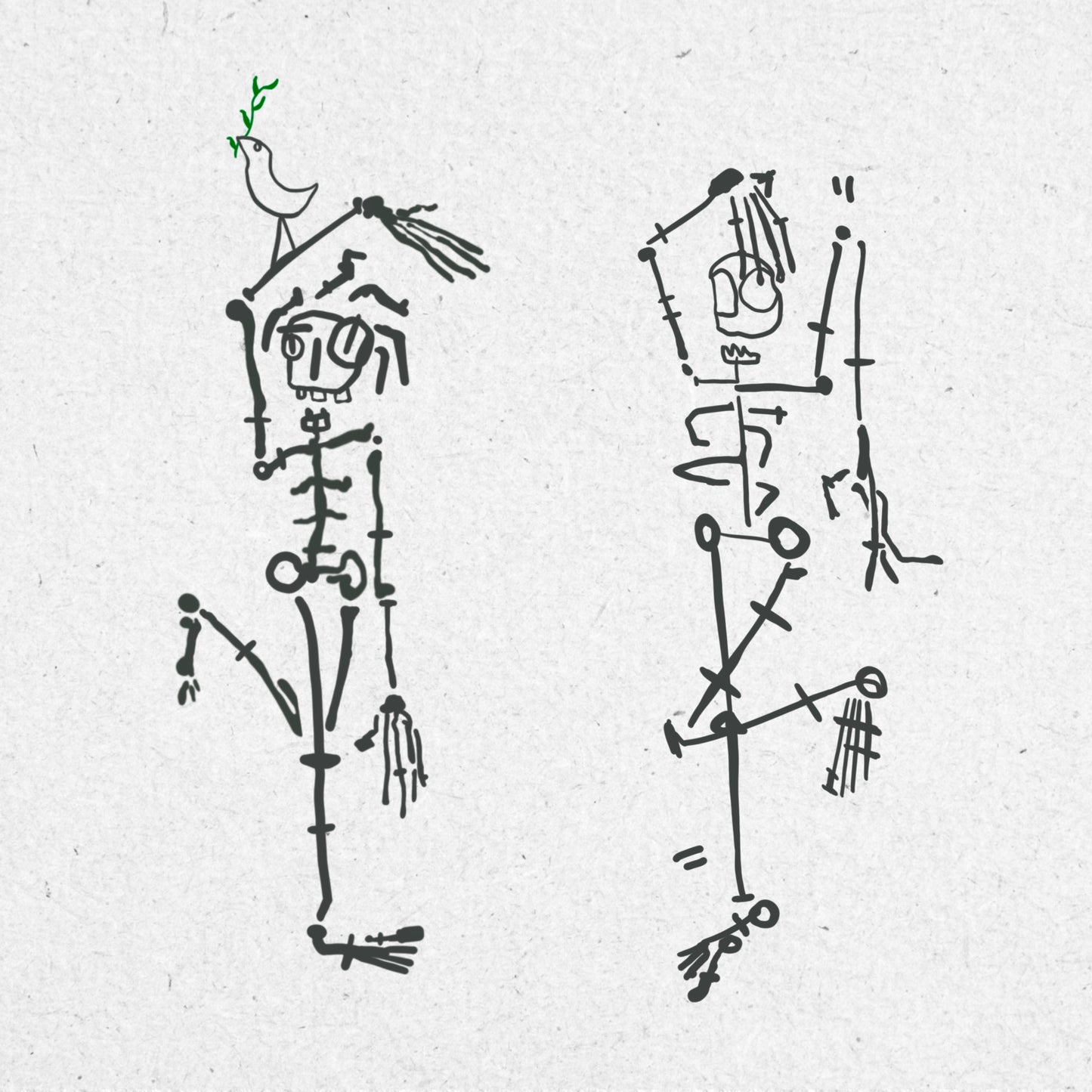 A bold drawing of two dancing weird skeletons in black ink. Both are standing on one leg with one arm raised over their head. One skeleton has a small bird holding a green branch on their arm. 