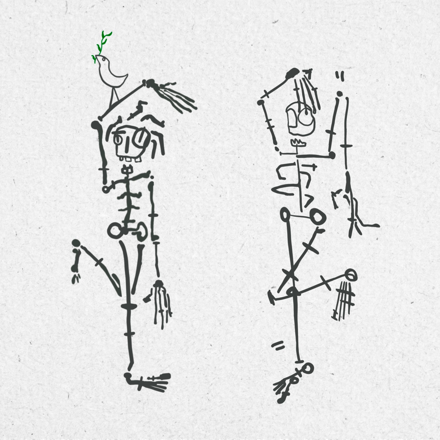 A bold drawing of two dancing weird skeletons in black ink. Both are standing on one leg with one arm raised over their head. One skeleton has a small bird holding a green branch on their arm. 