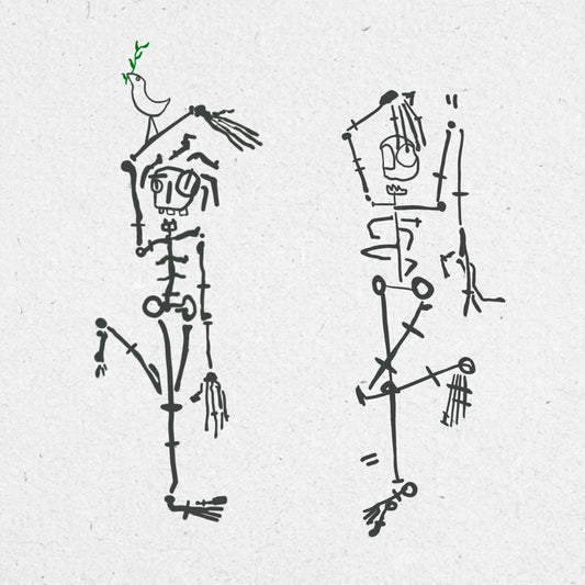 A bold drawing of two dancing weird skeletons in black ink. Both are standing on one leg with one arm raised over their head. One skeleton has a small bird holding a green branch on their arm. 