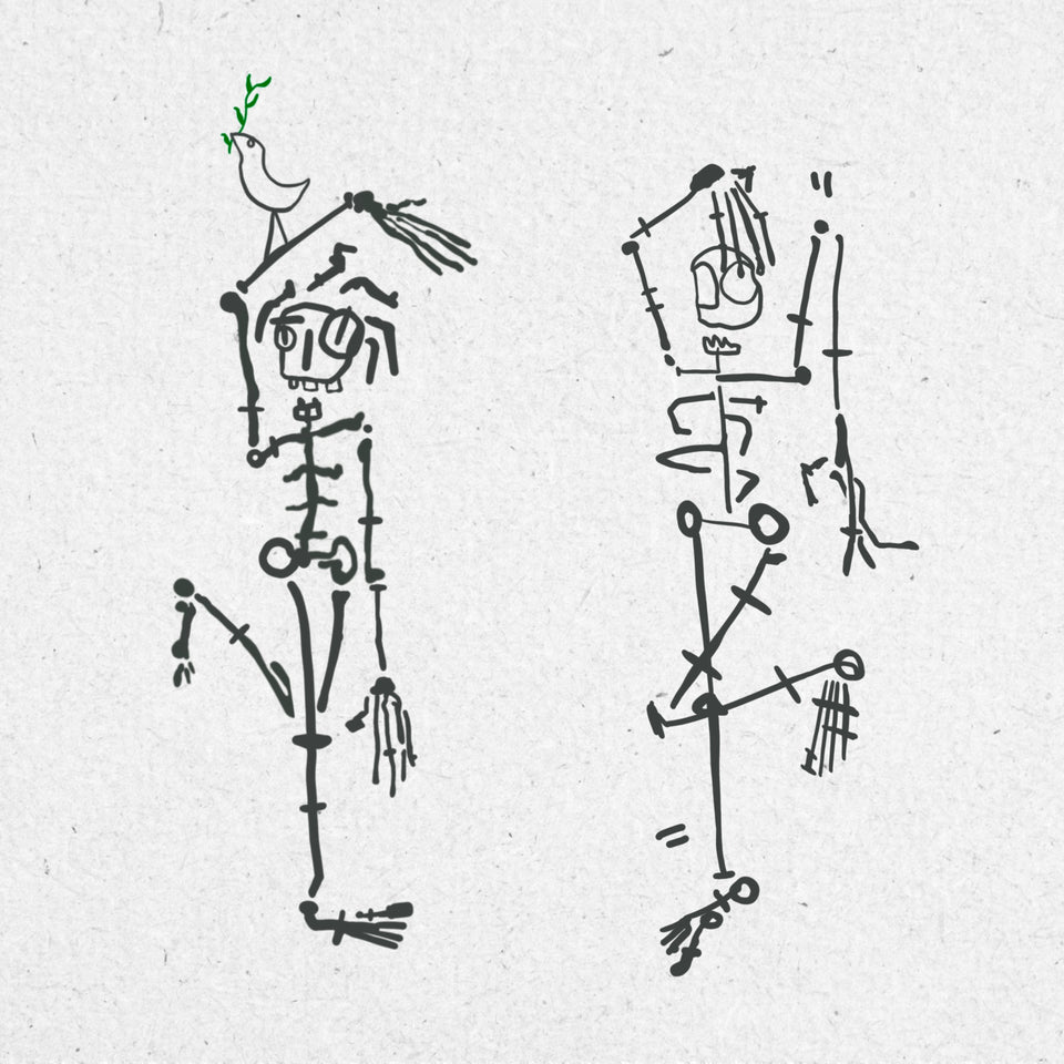 A bold drawing of two dancing weird skeletons in black ink. Both are standing on one leg with one arm raised over their head. One skeleton has a small bird holding a green branch on their arm. 
