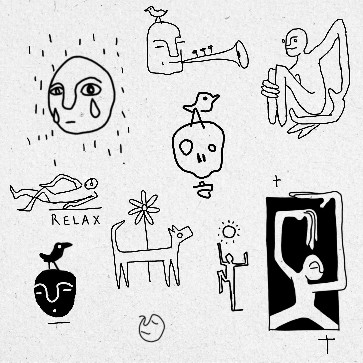 Collection of black line drawings on a white background including figures, faces, birds, flowers, sunshine, a dog and a skull.