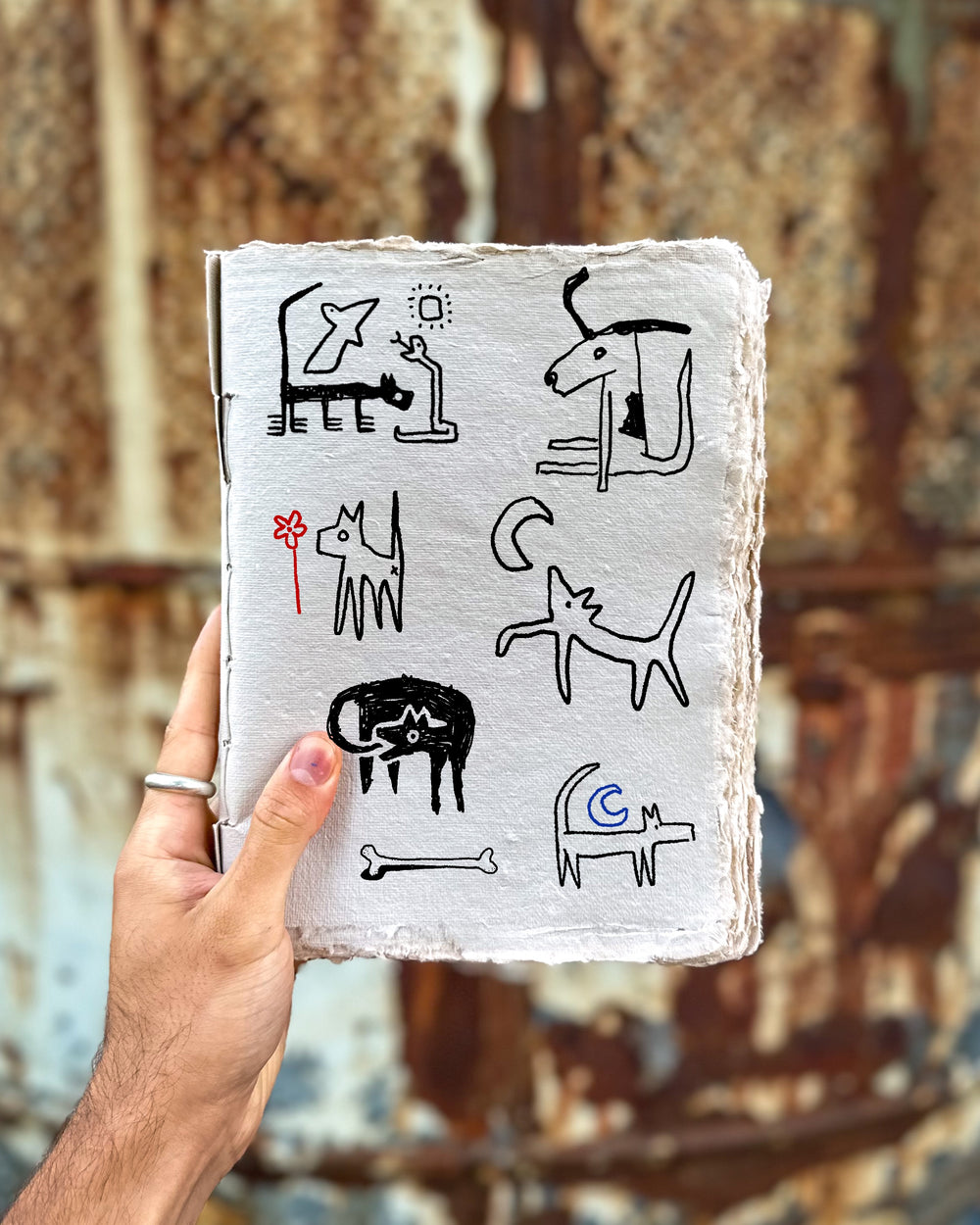 Bold linework and blackwork drawings of dogs. Some are next to bones, moon, sun, birds and flowers. In black,red and blue ink. 