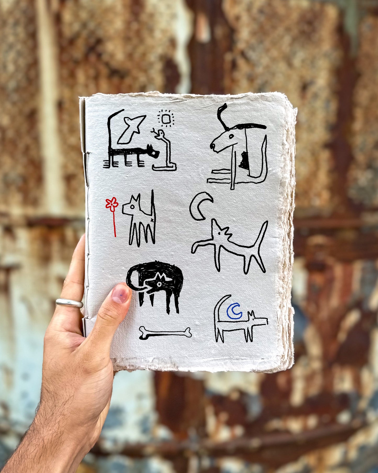 Bold linework and blackwork drawings of dogs. Some are next to bones, moon, sun, birds and flowers. In black,red and blue ink. 
