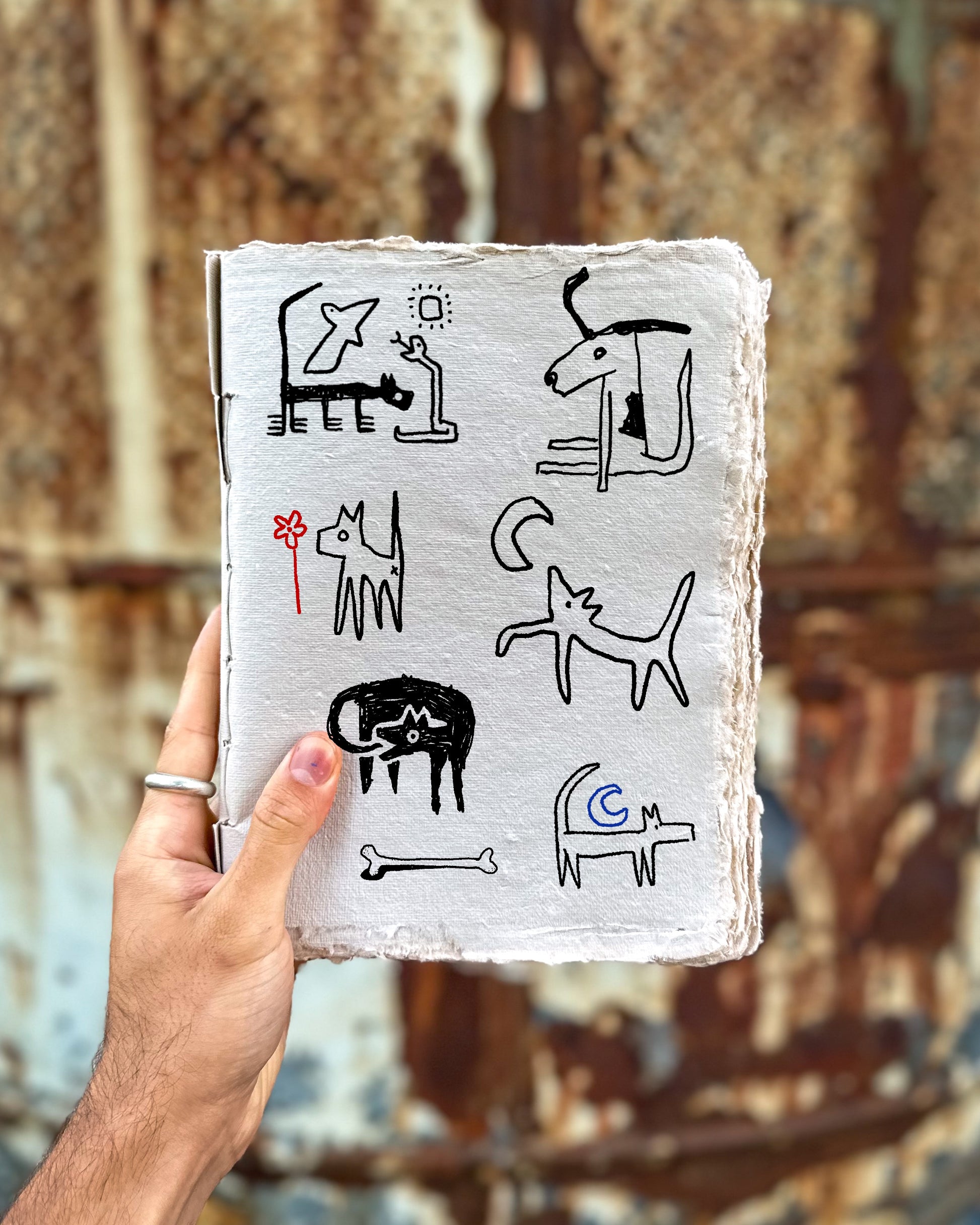 Bold linework and blackwork drawings of dogs. Some are next to bones, moon, sun, birds and flowers. In black,red and blue ink. 