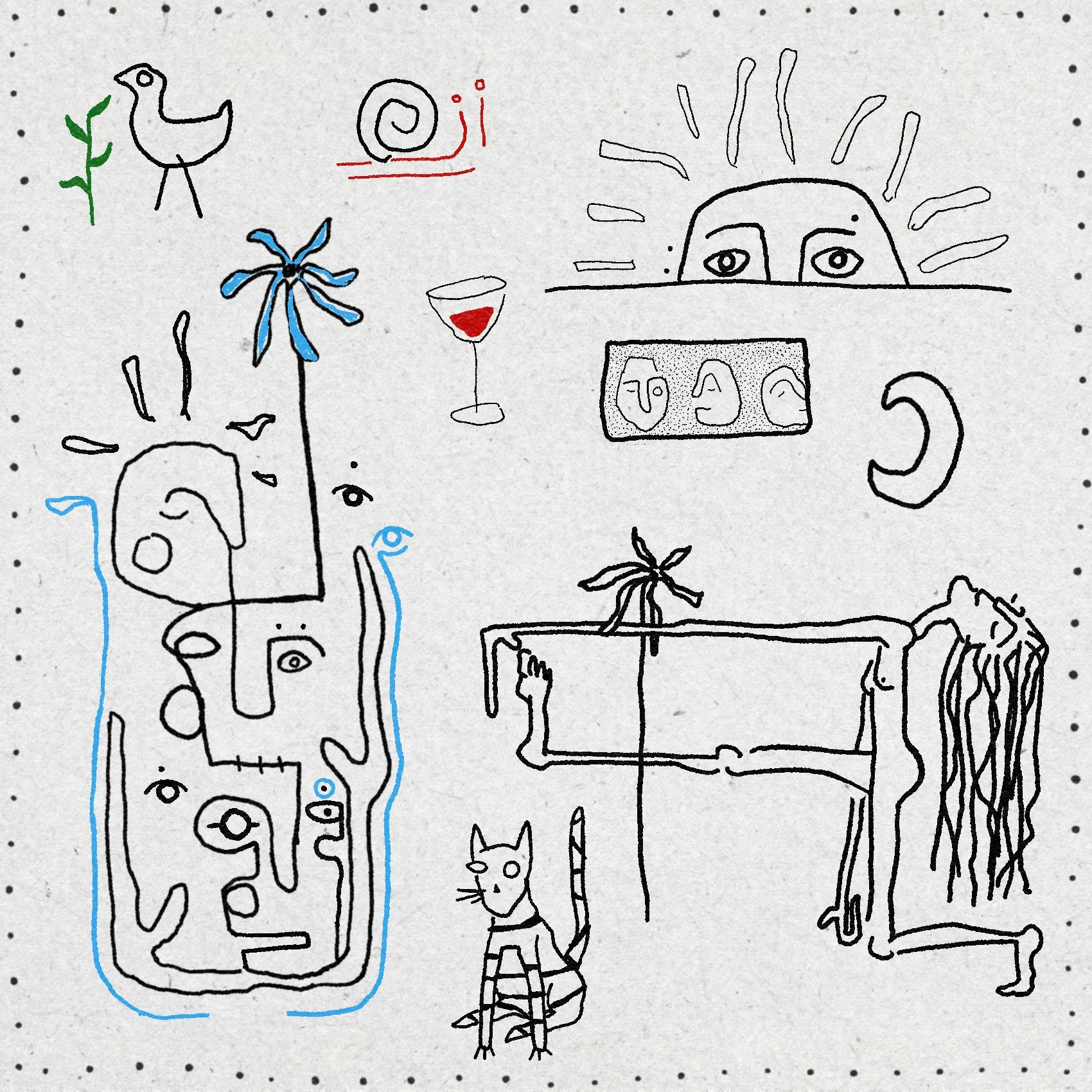 Fine line and sketch style drawings of a sunshine, moon, wineglass, snail, bird, cat, figure and faces. In black, red and blue ink. 