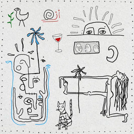 Fine line and sketch style drawings of a sunshine, moon, wineglass, snail, bird, cat, figure and faces. In black, red and blue ink. 