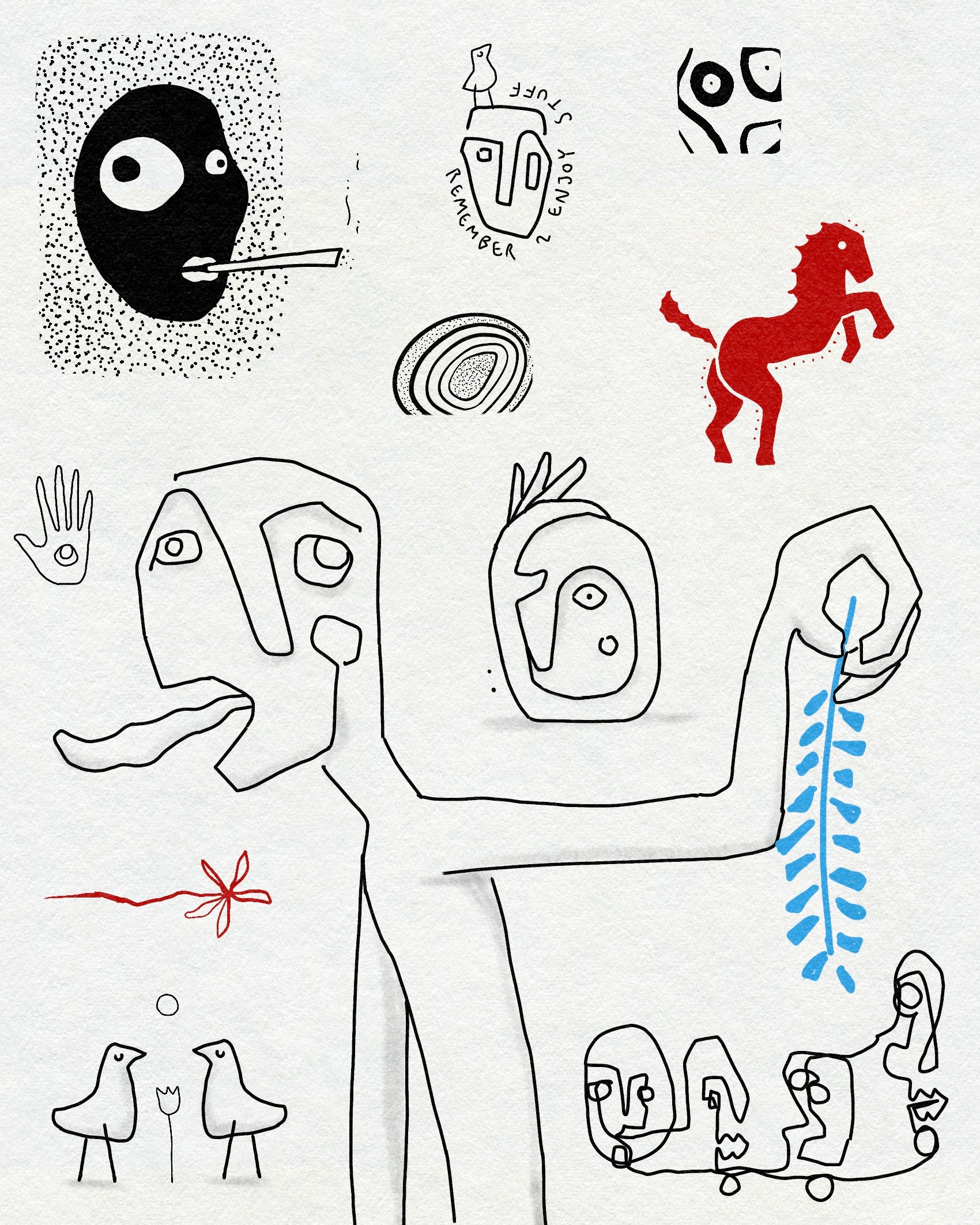 Weird drawings of faces, birds and abstract symbols in black, red and blue ink. On an off-white textured background.