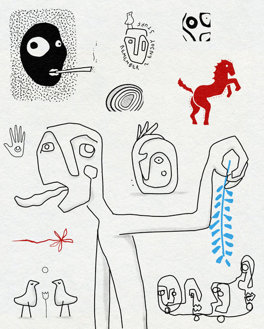 Weird drawings of faces, birds and abstract symbols in black, red and blue ink. On an off-white textured background.