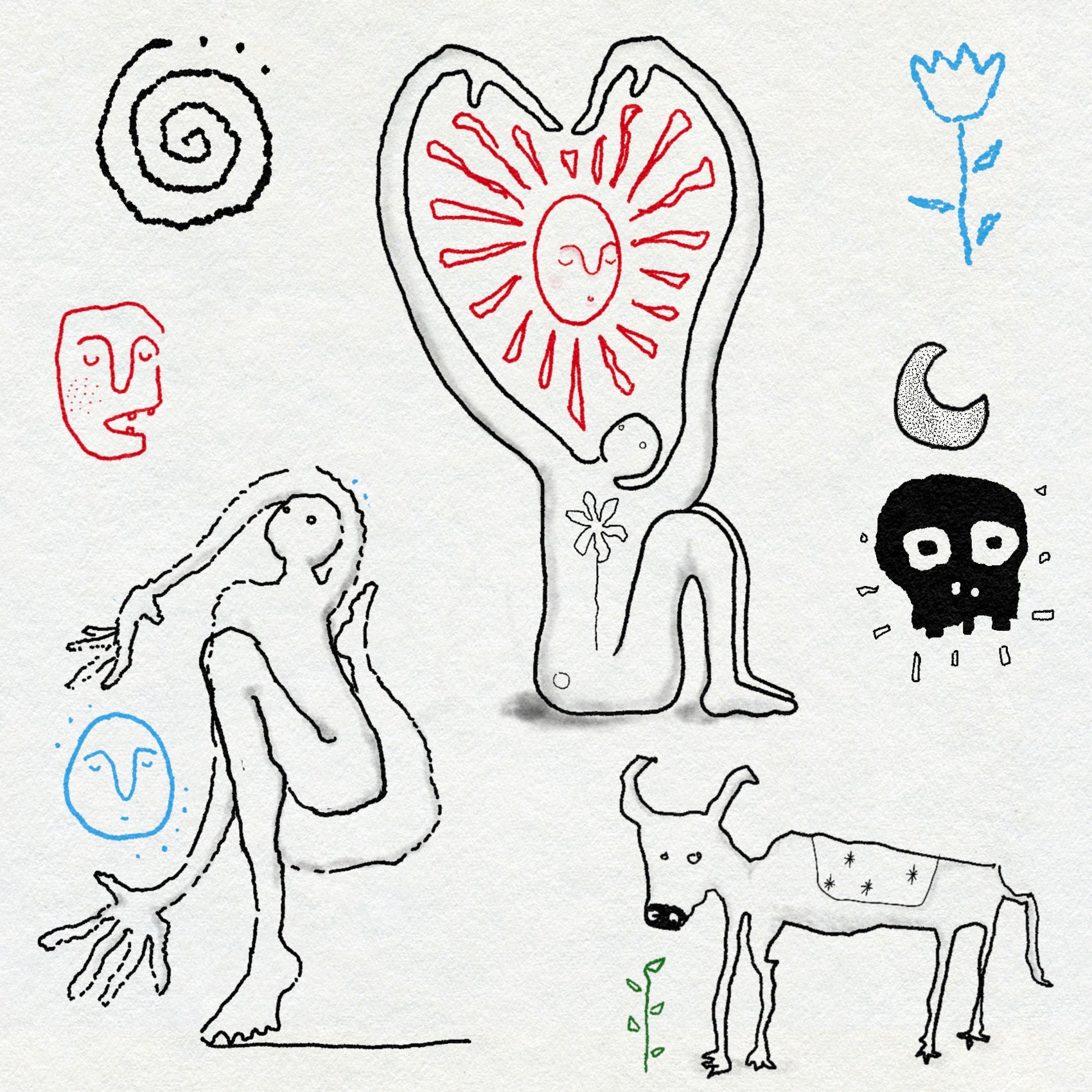 Collection of fine line and doodle style drawings including a red heart sun, a blue minimal face, a cow, a bendy figure and a black skull on a white background.