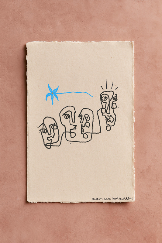 A doodle linework drawing of abstract faces in black ink with a blue flower above them. On an off-white textured page that is on a terracotta background. Text says HOORAY I WAKE FROM YESTERDAY