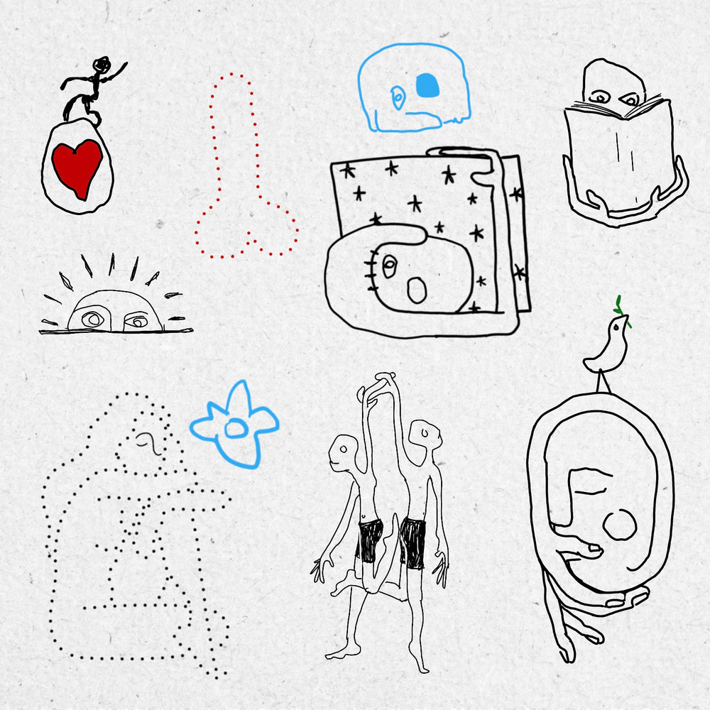 Fineline and dotwork drawings of strange faces and figures, a bird, sunshine and flower. In blue, red and black ink. 