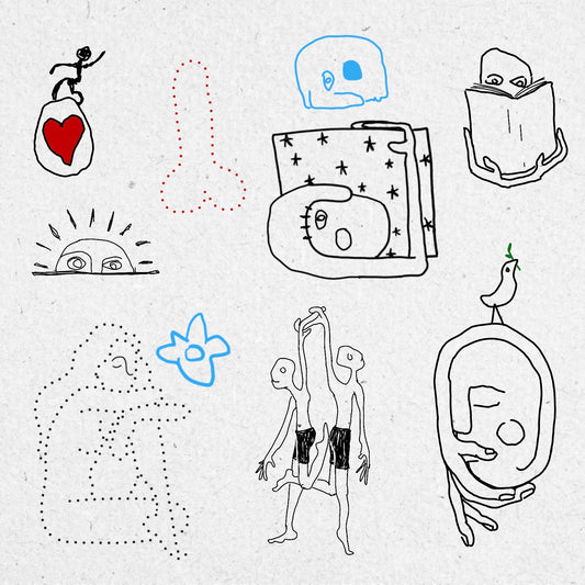 Fineline and dotwork drawings of strange faces and figures, a bird, sunshine and flower. In blue, red and black ink. 