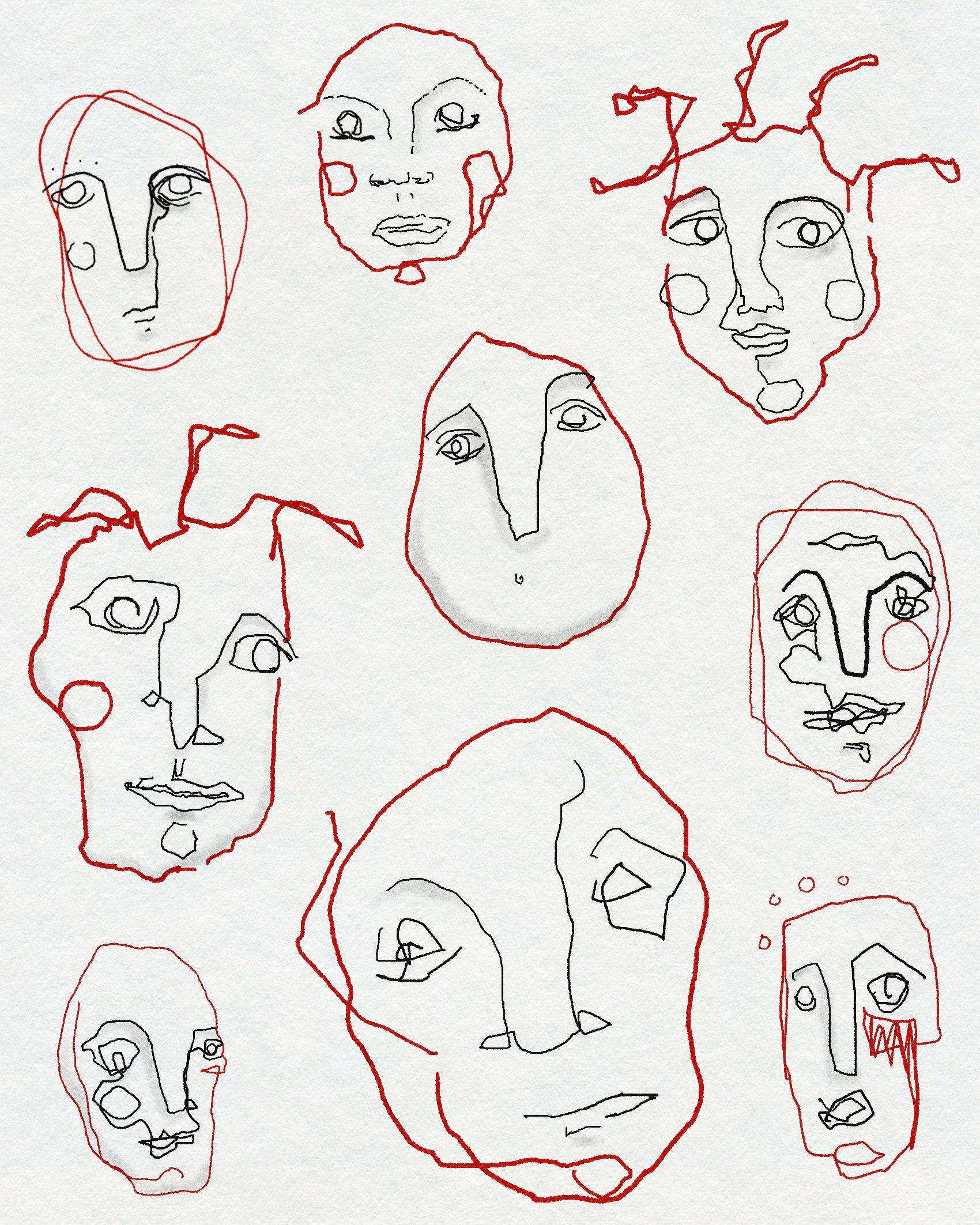 A collection of drawings of fineline abstract sketch-style faces in black and red ink. On an off-white textured background. 