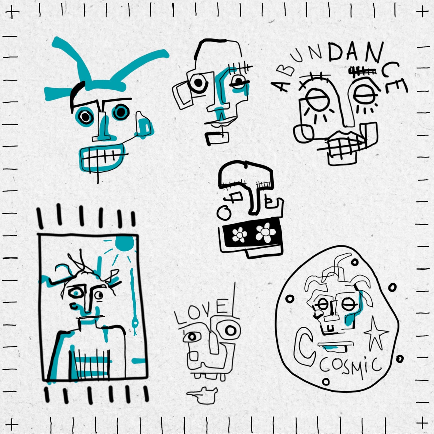 Collection of abstract face drawings with text saying ABUNDANCE and LOVE and COSMIC in black and blue ink.