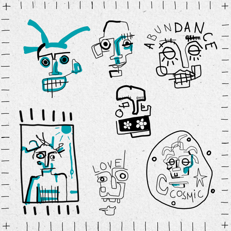 Collection of abstract face drawings with text saying ABUNDANCE and LOVE and COSMIC in black and blue ink.