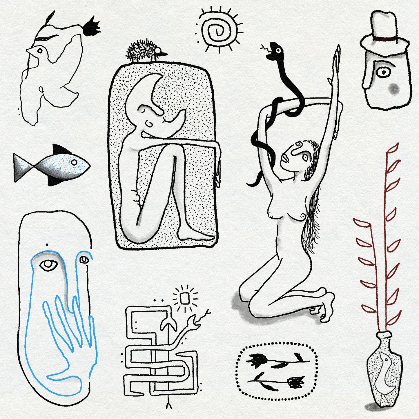 Fineline and bold linework drawings of people, botanicals, faces and animals in black and blue ink on a textured background. 