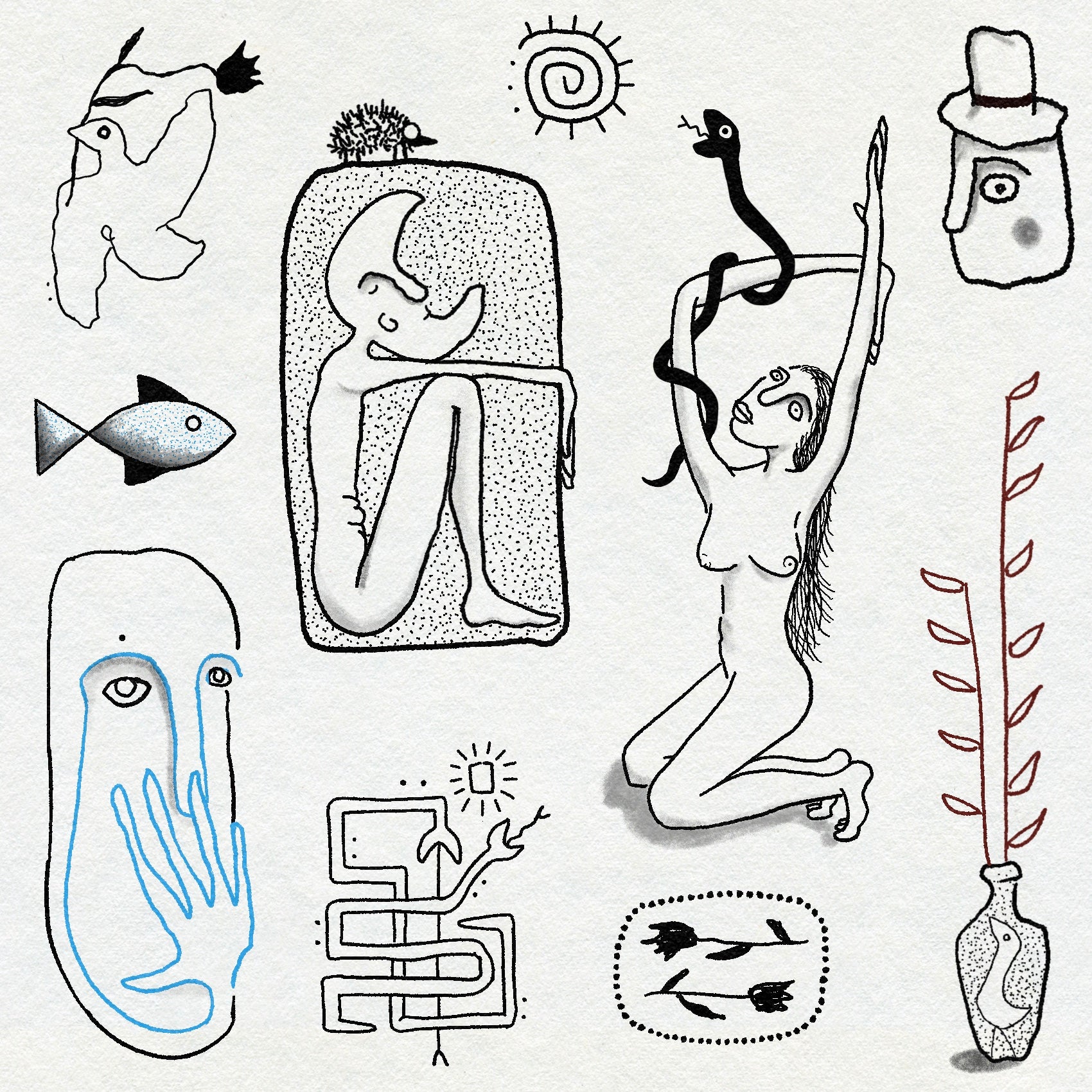Fineline and bold linework drawings of people, botanicals, faces and animals in black and blue ink on a textured background. 