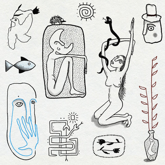 Fineline and bold linework drawings of people, botanicals, faces and animals in black and blue ink on a textured background. 