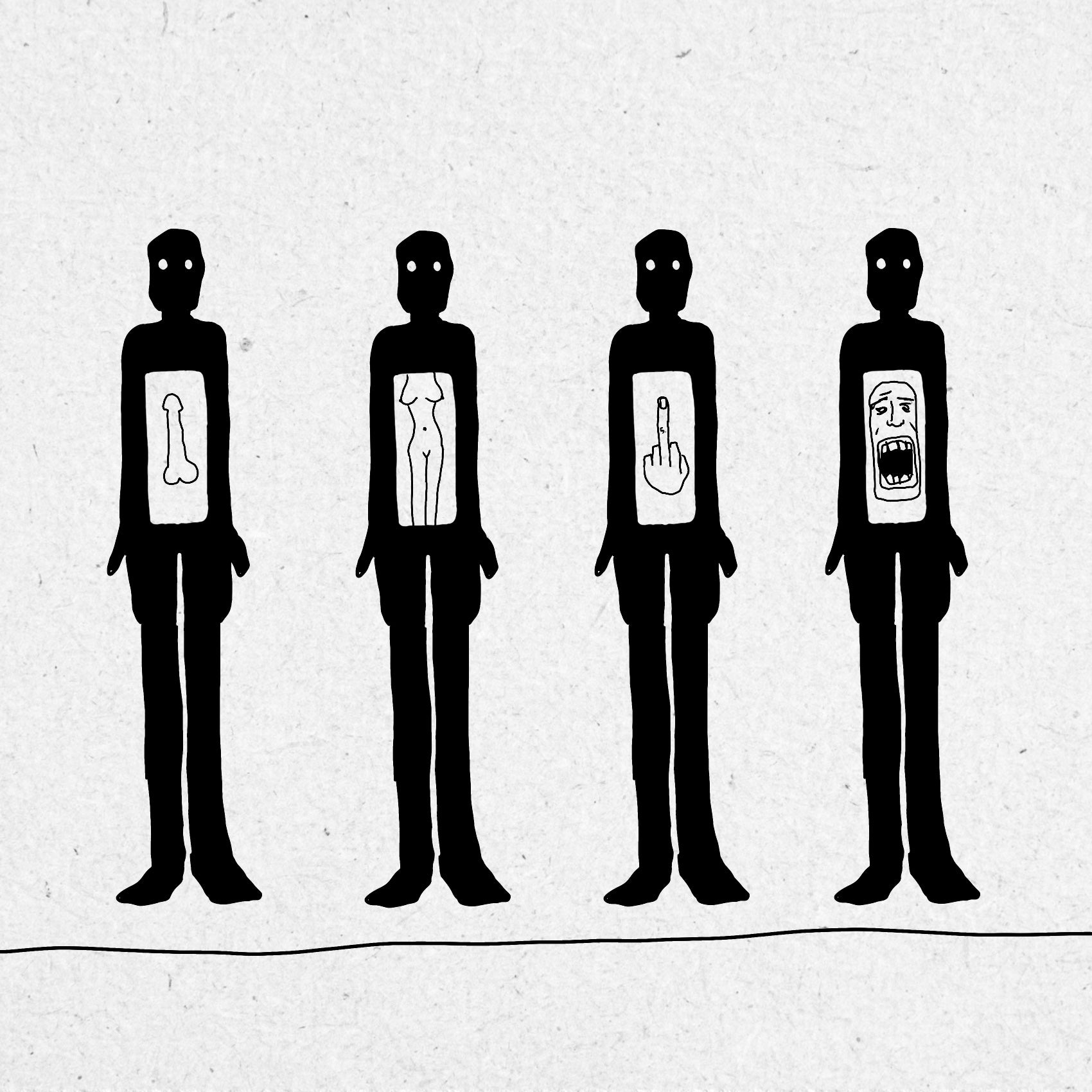 Four black filled-in figures with different body parts on their torsos against a white background