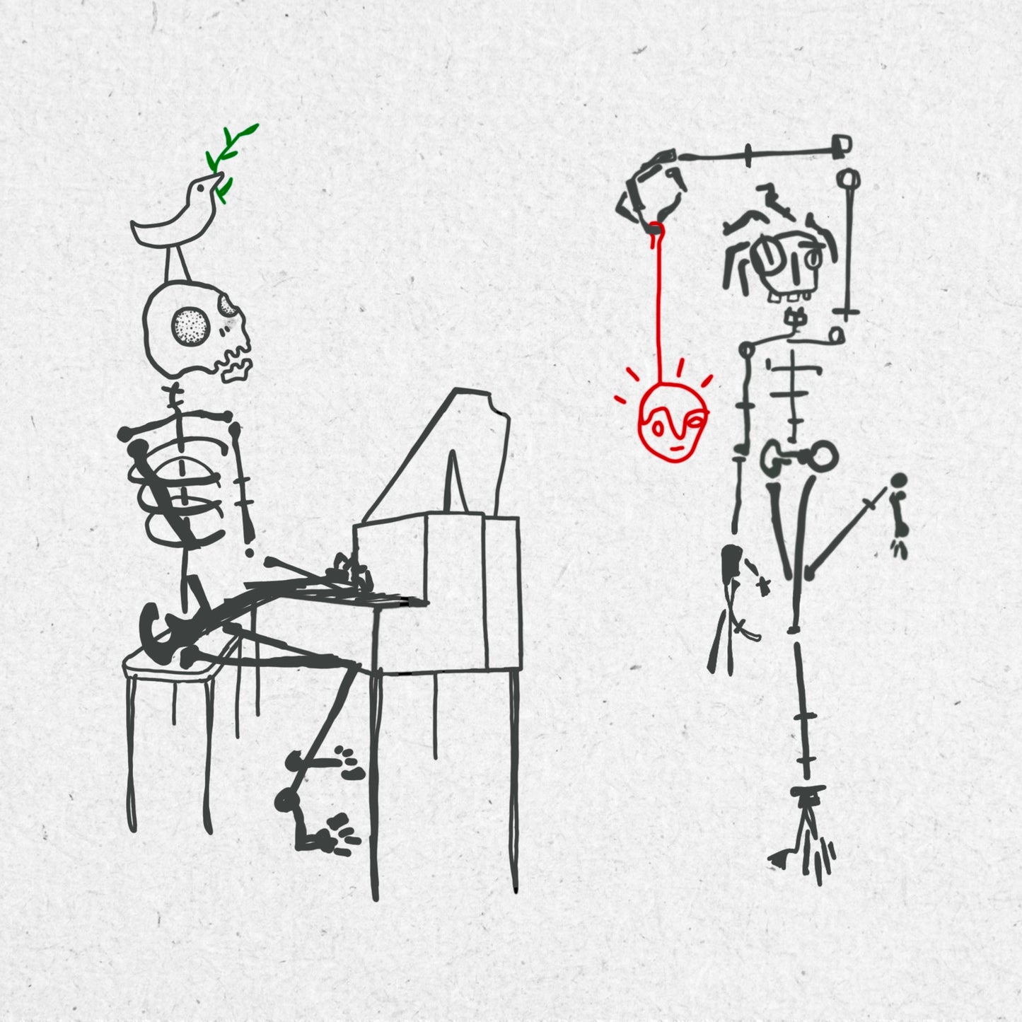 Two drawings of bold linework skeletons in black ink on a textured background. The skeleton on the left is sat playing a piano with a tiny bird on his head. The other is standing on one leg holding a red head hanging from a thread. 