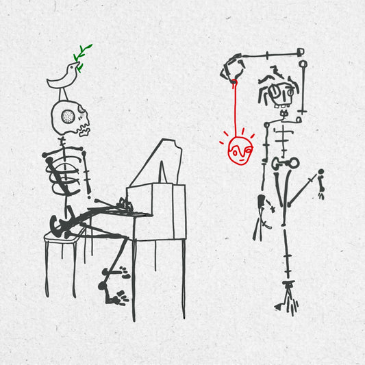 Two drawings of bold linework skeletons in black ink on a textured background. The skeleton on the left is sat playing a piano with a tiny bird on his head. The other is standing on one leg holding a red head hanging from a thread. 