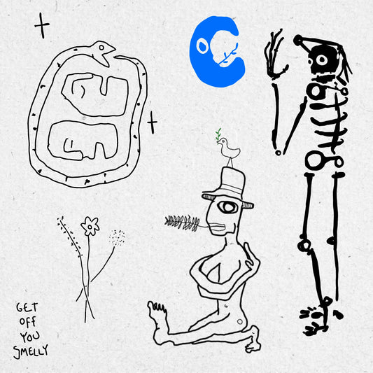 Bold and fineline designs of a moon, skeleton, figure, flowers and snake with text saying GET OFF YOU SMELLY. In black, blue and green ink. 