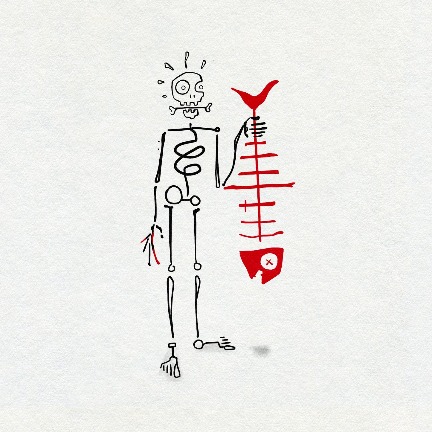 Drawing of a skeleton holding a fish skeleton upside down with a bone in it's mouth. In black and red ink. 