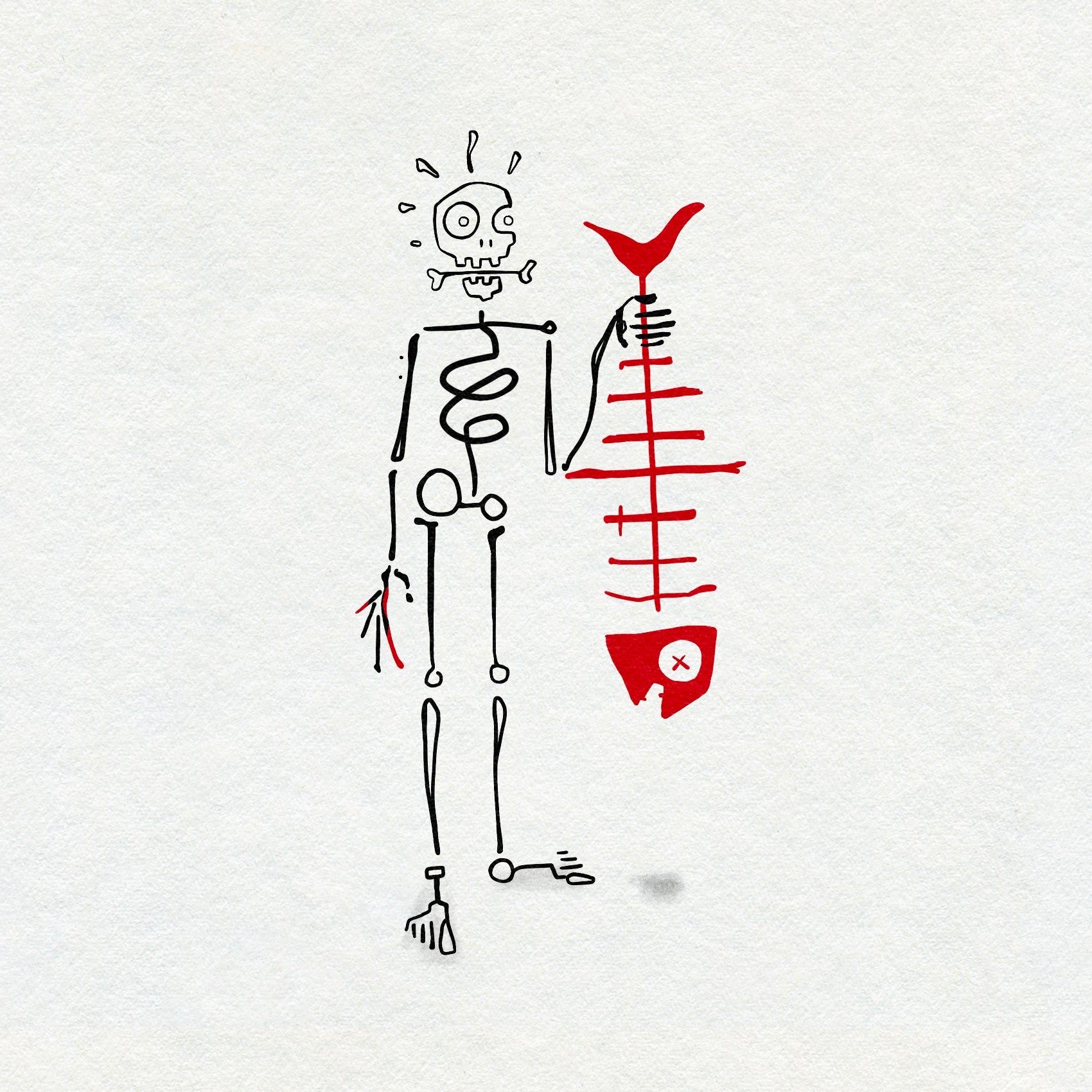 Drawing of a skeleton holding a fish skeleton upside down with a bone in it's mouth. In black and red ink. 