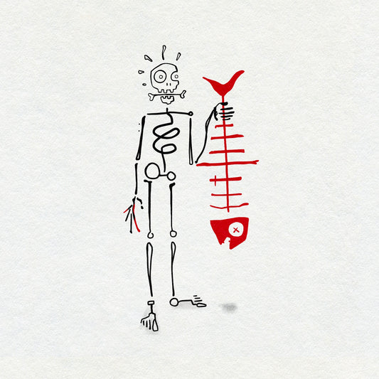 Drawing of a skeleton holding a fish skeleton upside down with a bone in it's mouth. In black and red ink. 