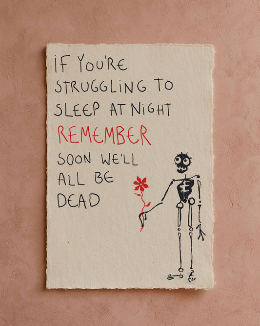 Drawing with a skeleton holding a red flower and text on an off-white page. Mainly in black ink. The page is on a terracotta background.