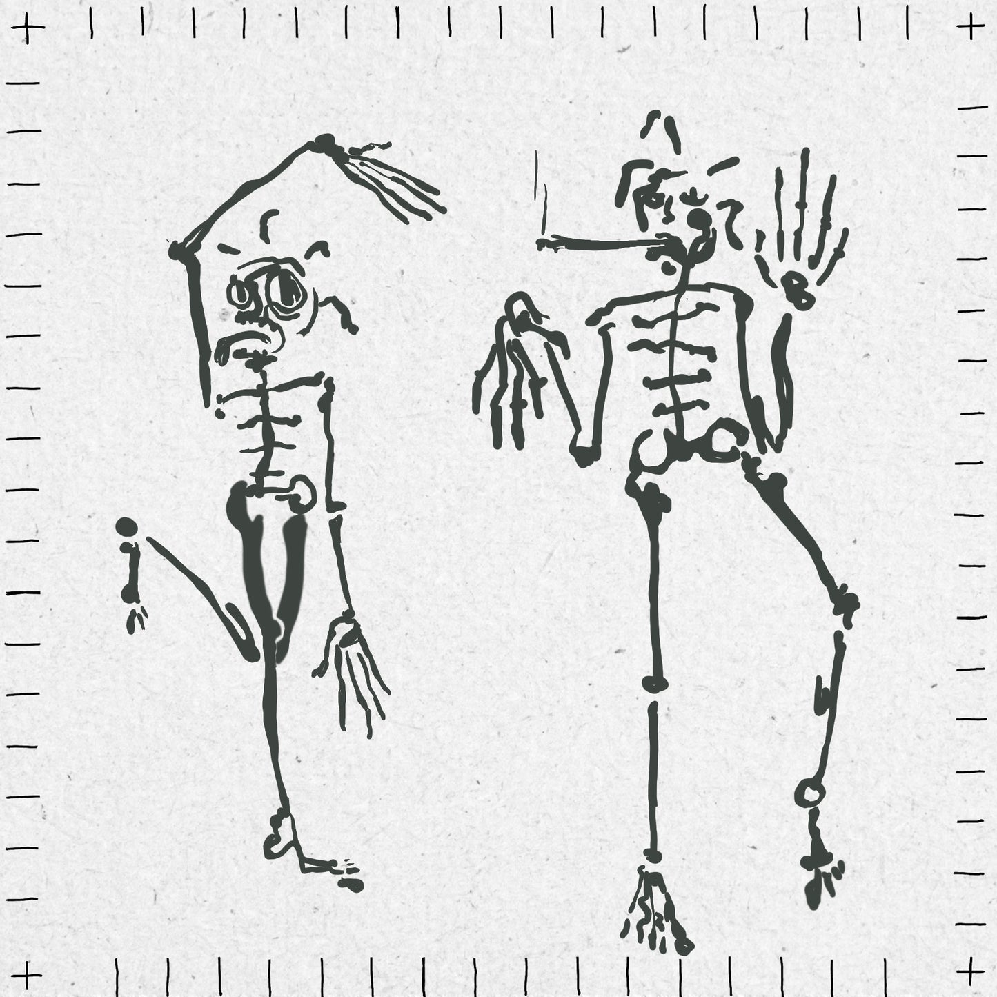 Two dancing skeletons drawn on a white background. The left one is standing on one leg and has an arm over their head. The other has their hands up and is smoking. 