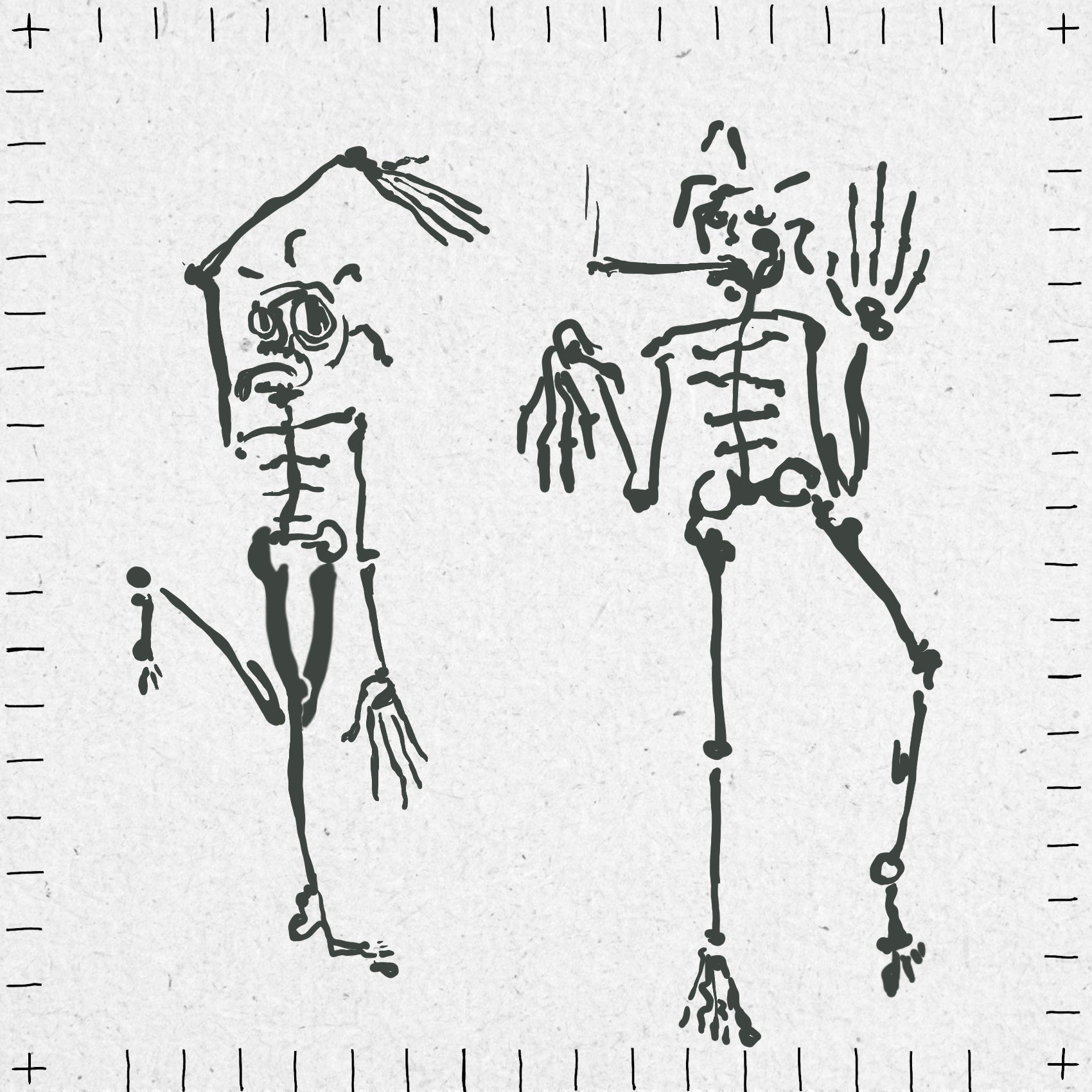 Two dancing skeletons drawn on a white background. The left one is standing on one leg and has an arm over their head. The other has their hands up and is smoking. 