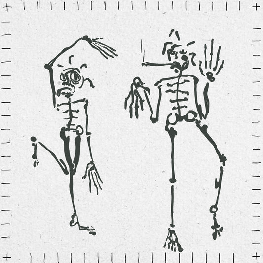Two dancing skeletons drawn on a white background. The left one is standing on one leg and has an arm over their head. The other has their hands up and is smoking. 