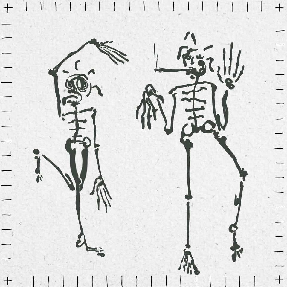 Two dancing skeletons drawn on a white background. The left one is standing on one leg and has an arm over their head. The other has their hands up and is smoking. 