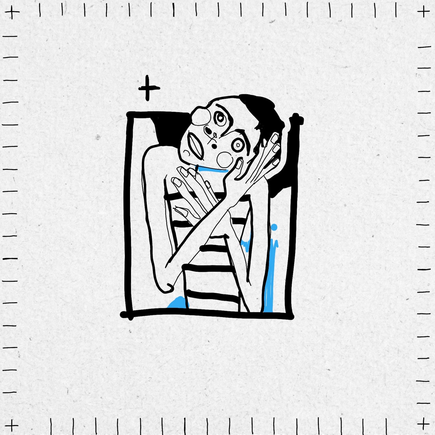Illustration of an abstract person on a textured white background in black and blue ink