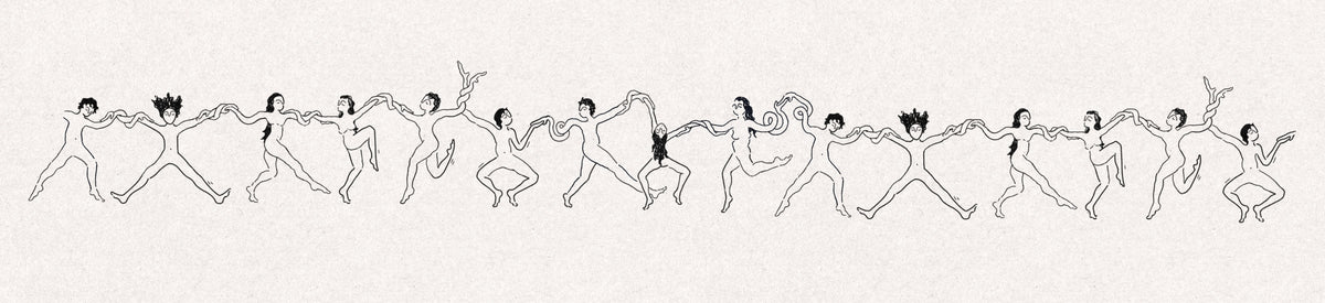 A long chain of dancing figures holding hands, with twisting vine-like arms and spirals, drawn in black line on textured paper